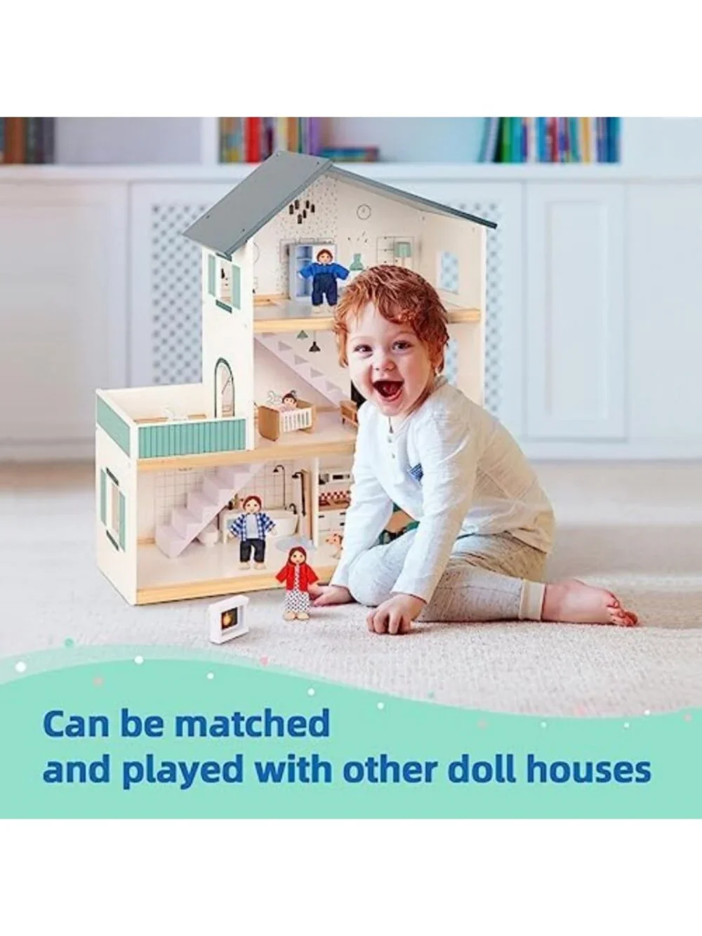 Wooden Dollhouse Furniture Set with 4 Family Dolls & Dog - Perfect Playtime